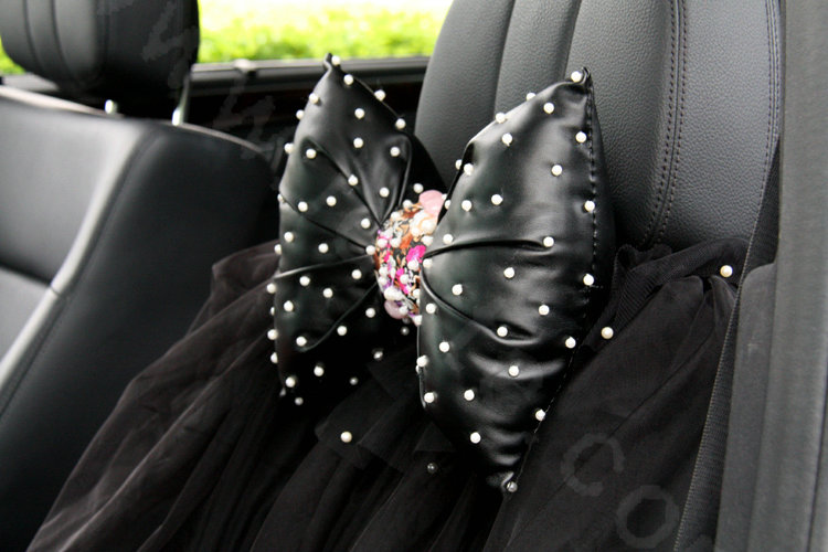 Newest Flower Pearls Genuine Sheepskin Auto Neck Safety Pillow Car Decoration 1pcs - Black