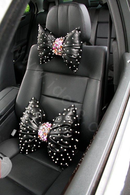 Newest Flower Pearls Genuine Sheepskin Auto Neck Safety Pillow Car Decoration 1pcs - Black