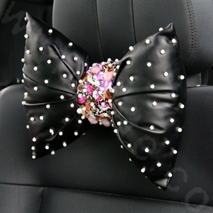 Newest Flower Pearls Genuine Sheepskin Auto Neck Safety Pillow Car Decoration 1pcs - Black