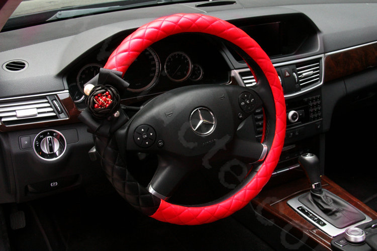 Newest Luxury Pearl Flower Car Steering Wheel Covers Genuine Sheepskin 14 inch 36CM - Red