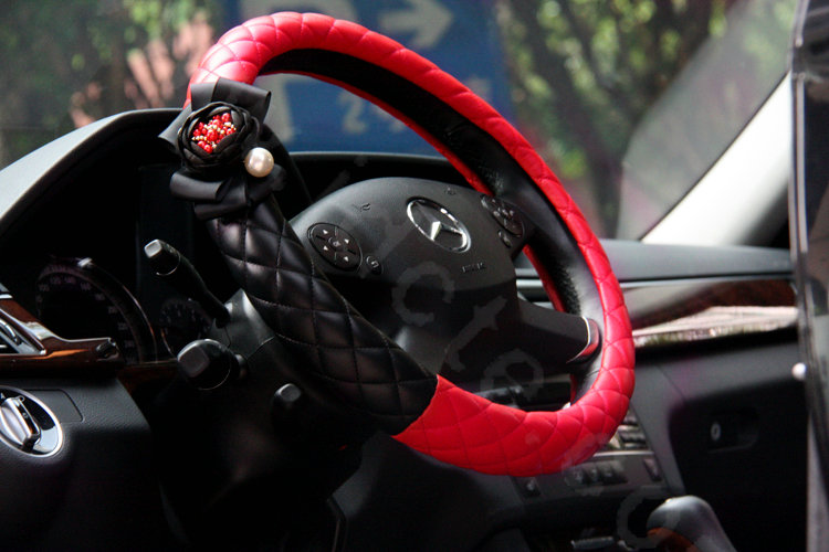 Newest Luxury Pearl Flower Car Steering Wheel Covers Genuine Sheepskin 14 inch 36CM - Red