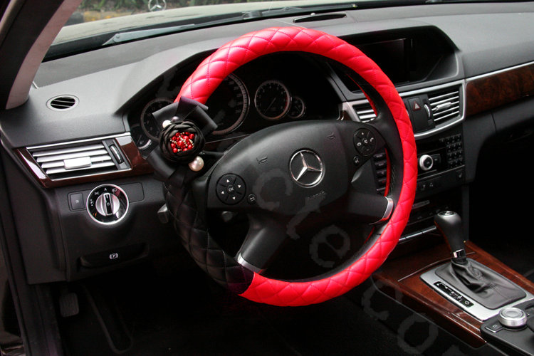 Newest Luxury Pearl Flower Car Steering Wheel Covers Genuine Sheepskin 15 inch 38CM - Red