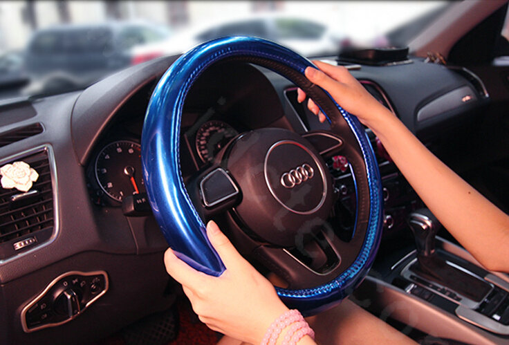 Personality Plating PU Leather Car Steering Wheel Covers 15 inch 38CM - Blue