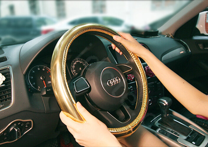 Personality Plating PU Leather Car Steering Wheel Covers 15 inch 38CM - Gold