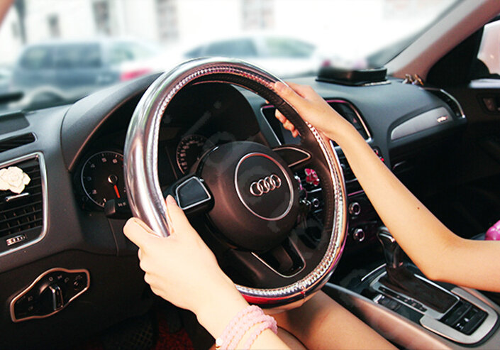 Personality Plating PU Leather Car Steering Wheel Covers 15 inch 38CM - Silver