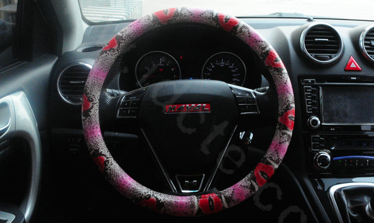 Personality Red Lips Snake Print PU Leather Car Steering Wheel Covers 15 inch 38CM - Pink