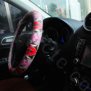 Personality Red Lips Snake Print PU Leather Car Steering Wheel Covers 15 inch 38CM - Pink