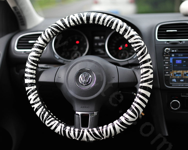 Personality Zebra Print PU Leather Car Steering Wheel Covers 15 inch 38CM - White Black