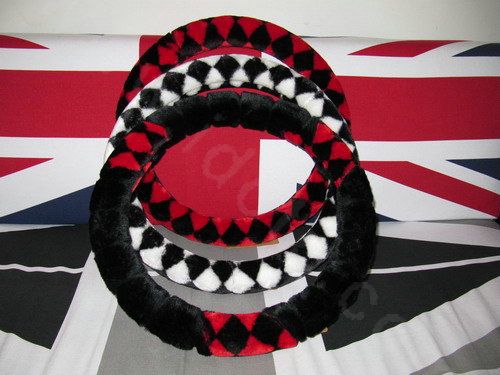 Personalized Classic Plaid Plush Car Steering Wheel Covers 15 inch 38CM - Black Red