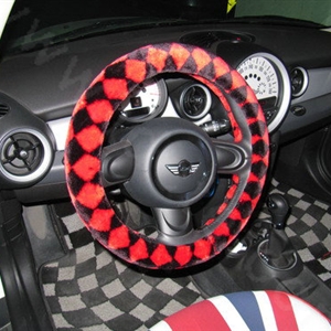 Personalized Classic Plaid Plush Car Steering Wheel Covers 15 inch 38CM - Black Red