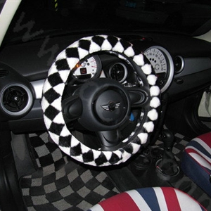 Personalized Classic Plaid Plush Car Steering Wheel Covers 15 inch 38CM - Black White