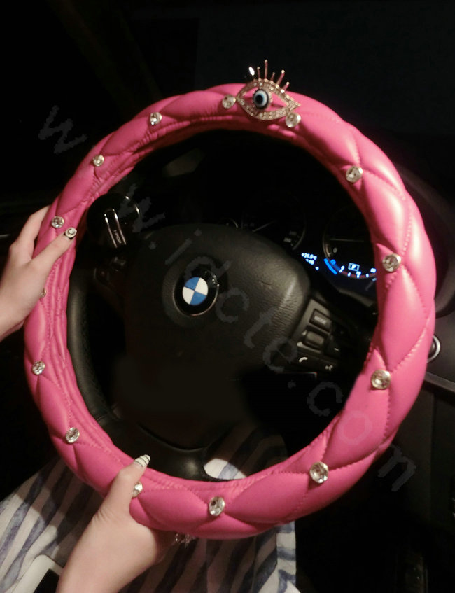 Personalized Rhinestone Eyes Leather Grip Car Steering Wheel Covers 15 inch 38CM - Pink