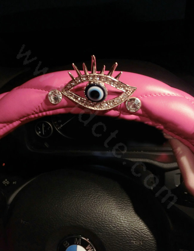 Personalized Rhinestone Eyes Leather Grip Car Steering Wheel Covers 15 inch 38CM - Pink
