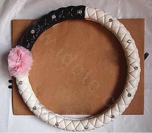 Pink Bowknot Diamond Genuine Leather Car Steering Wheel Covers 15 inch 38CM - Black White