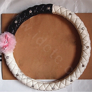 Pink Bowknot Diamond Genuine Leather Car Steering Wheel Covers 15 inch 38CM - Black White