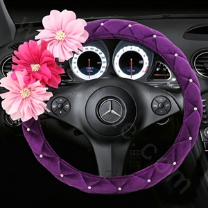 Pink Flower Flocking Rhinestone Car Steering Wheel Covers 15 inch 38CM - Purple