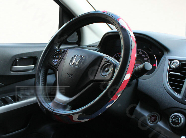 Popular Camo Cloth With Leather Auto Grip Steering Wheel Covers 15 inch 38CM - Black Red