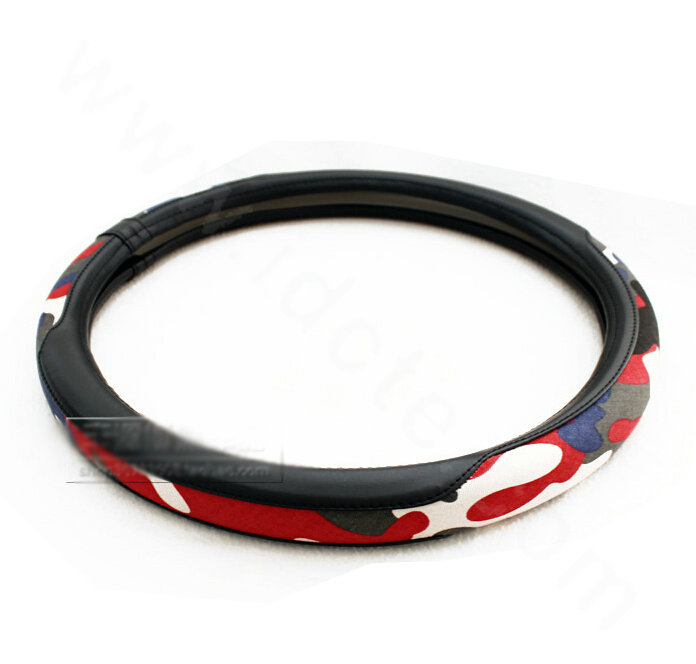 Popular Camo Cloth With Leather Auto Grip Steering Wheel Covers 15 inch 38CM - Black Red