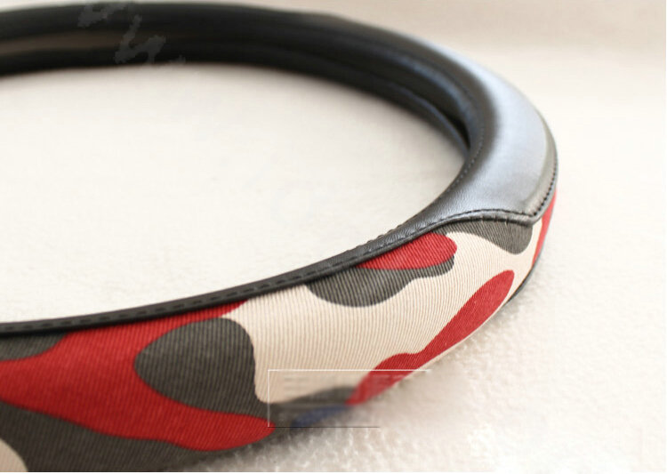 Popular Camo Cloth With Leather Auto Grip Steering Wheel Covers 15 inch 38CM - Black Red