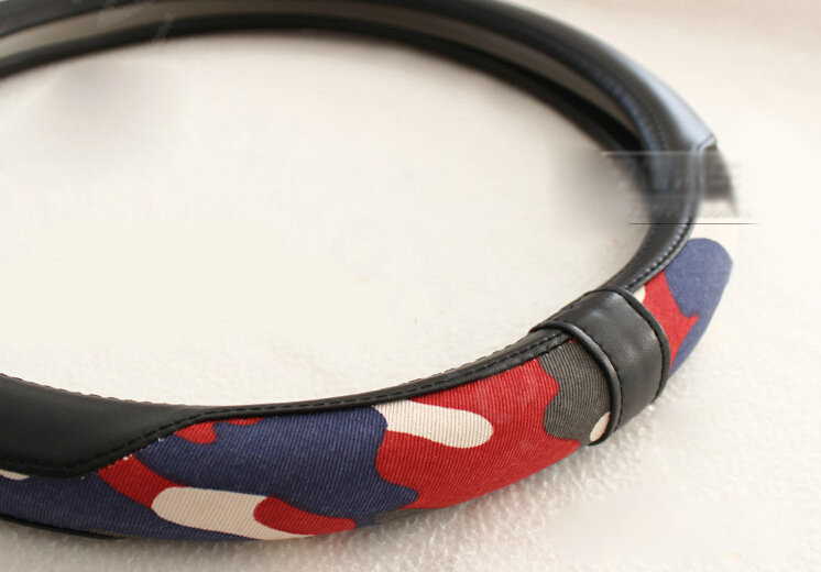 Popular Camo Cloth With Leather Auto Grip Steering Wheel Covers 15 inch 38CM - Black Red