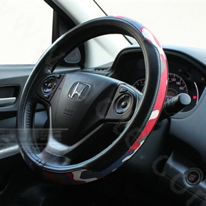 Popular Camo Cloth With Leather Auto Grip Steering Wheel Covers 15 inch 38CM - Black Red