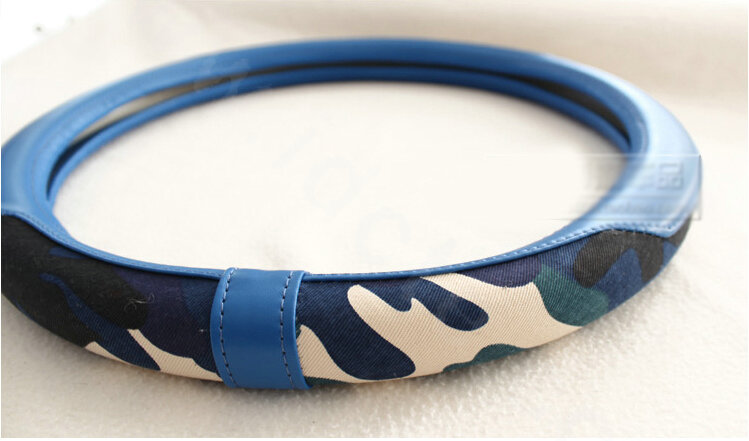 Popular Camo Cloth With Leather Auto Grip Steering Wheel Covers 15 inch 38CM - Blue