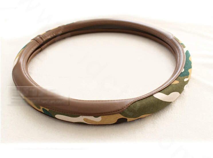 Popular Camo Cloth With Leather Auto Grip Steering Wheel Covers 15 inch 38CM - Brown