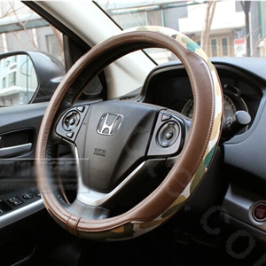 Popular Camo Cloth With Leather Auto Grip Steering Wheel Covers 15 inch 38CM - Brown