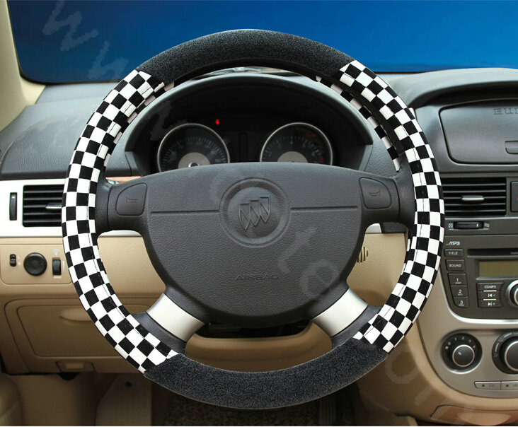 Popular Classic Plaid Winter Velvet Car Steering Wheel Covers 15 inch 38CM - Black White