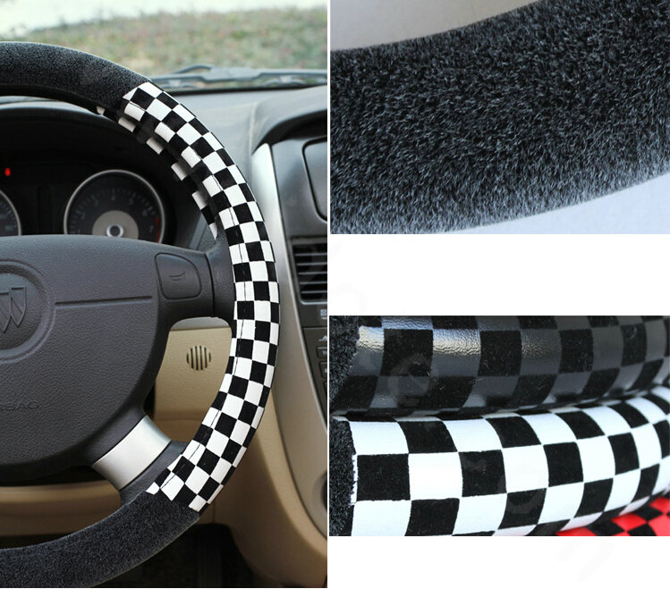 Popular Classic Plaid Winter Velvet Car Steering Wheel Covers 15 inch 38CM - Black White
