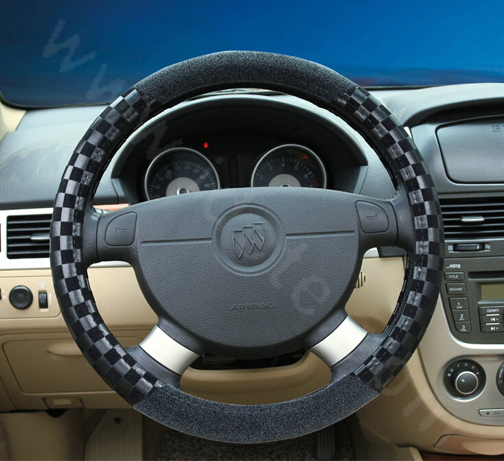 Popular Classic Plaid Winter Velvet Car Steering Wheel Covers 15 inch 38CM - Black