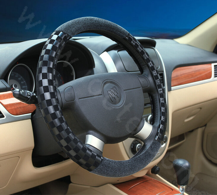 Popular Classic Plaid Winter Velvet Car Steering Wheel Covers 15 inch 38CM - Black