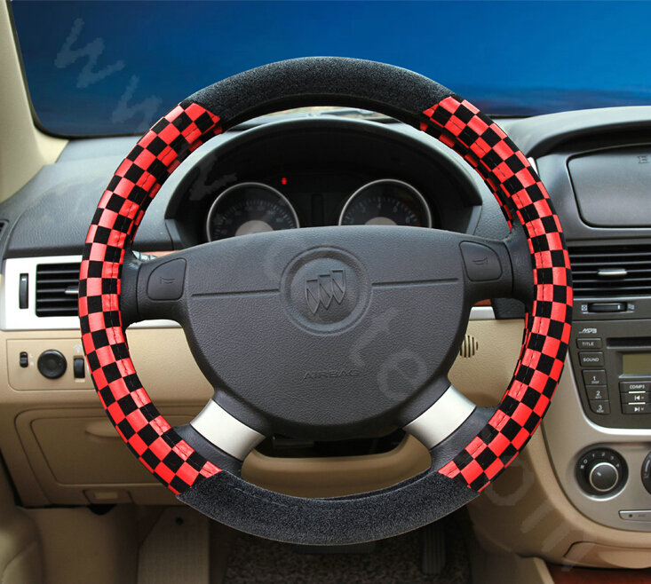 Popular Classic Plaid Winter Velvet Car Steering Wheel Covers 15 inch 38CM - Red Black