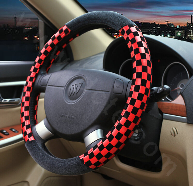 Popular Classic Plaid Winter Velvet Car Steering Wheel Covers 15 inch 38CM - Red Black