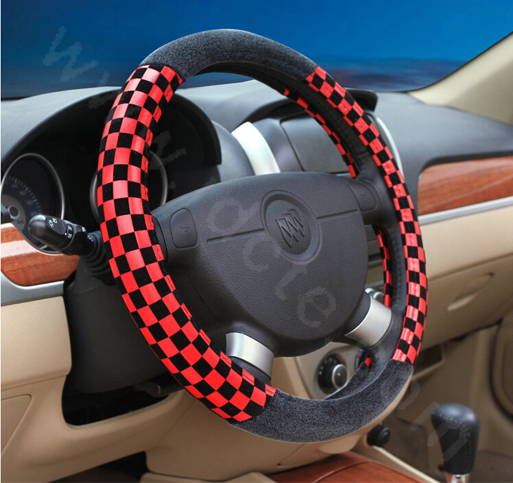 Popular Classic Plaid Winter Velvet Car Steering Wheel Covers 15 inch 38CM - Red Black