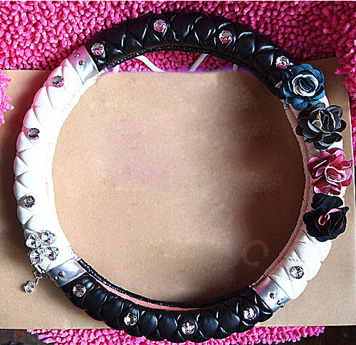Popular Diamond Flowers Car Steering Wheel Covers Genuine Leather 15 inch 38CM - Black White