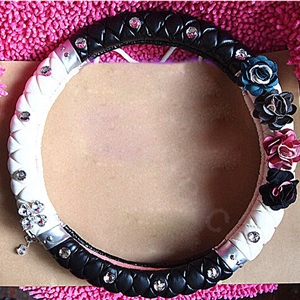 Popular Diamond Flowers Car Steering Wheel Covers Genuine Leather 15 inch 38CM - Black White