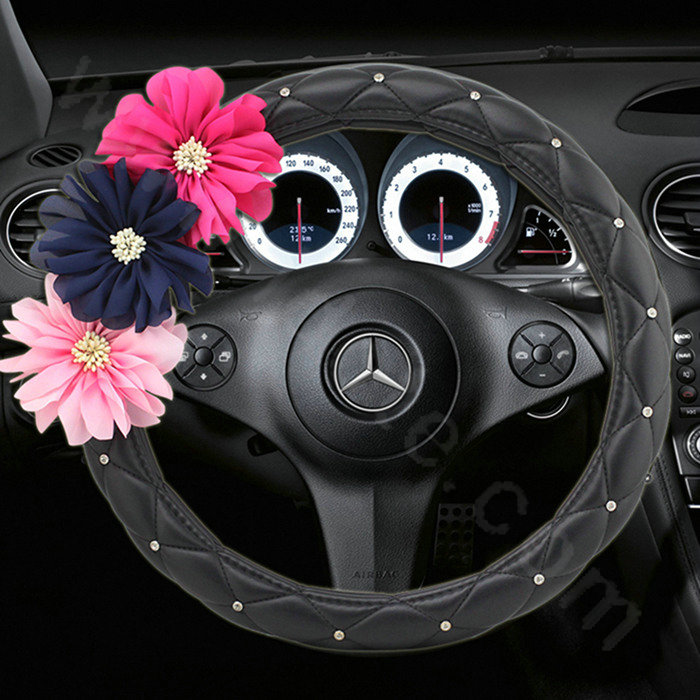 Popular Flower Rhinestone PU Leather Car Steering Wheel Covers 15 inch 38CM - Black