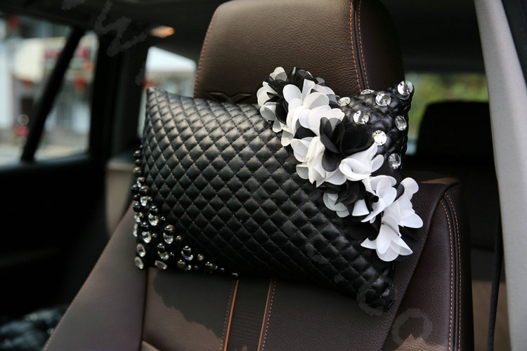 Popular Lace Flower Crystal Car Headrest Genuine Sheepskin Neck Safety Pillow 1pcs - Black