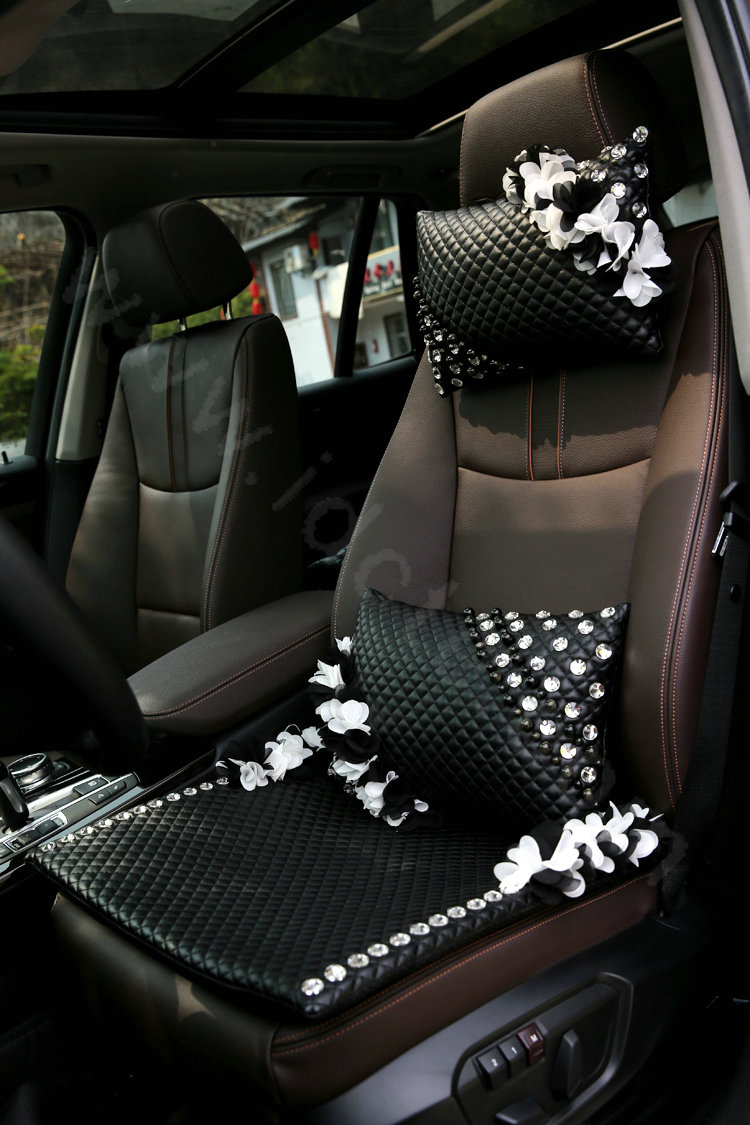 Popular Lace Flower Crystal Car Headrest Genuine Sheepskin Neck Safety Pillow 1pcs - Black