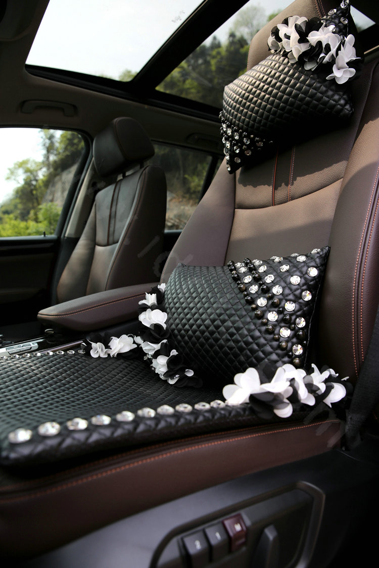 Popular Lace Flower Crystal Car Headrest Genuine Sheepskin Neck Safety Pillow 1pcs - Black