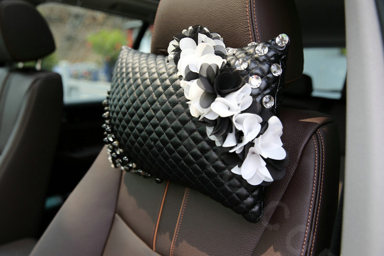 Popular Lace Flower Crystal Car Headrest Genuine Sheepskin Neck Safety Pillow 1pcs - Black