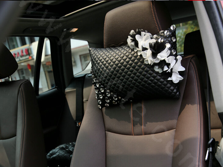 Popular Lace Flower Crystal Car Headrest Genuine Sheepskin Neck Safety Pillow 1pcs - Black