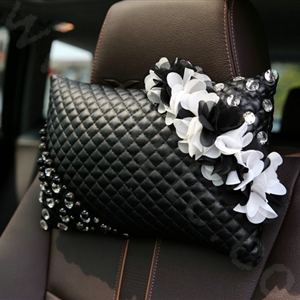 Popular Lace Flower Crystal Car Headrest Genuine Sheepskin Neck Safety Pillow 1pcs - Black