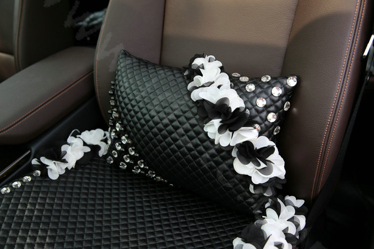 Popular Lace Flower Crystal Car Lumbar Pillow Genuine Sheepskin Support Cushion 1pcs - Black