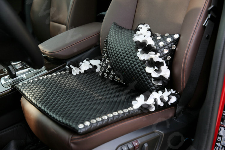Popular Lace Flower Crystal Car Lumbar Pillow Genuine Sheepskin Support Cushion 1pcs - Black
