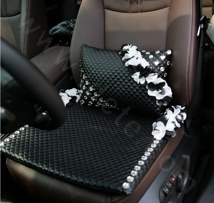 Popular Lace Flower Crystal Car Lumbar Pillow Genuine Sheepskin Support Cushion 1pcs - Black