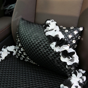 Popular Lace Flower Crystal Car Lumbar Pillow Genuine Sheepskin Support Cushion 1pcs - Black
