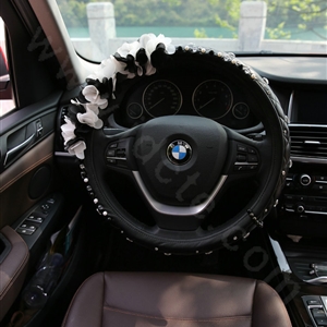 Popular Lace Flower Crystal Car Steering Wheel Covers Genuine Sheepskin 14 inch 36CM - Black