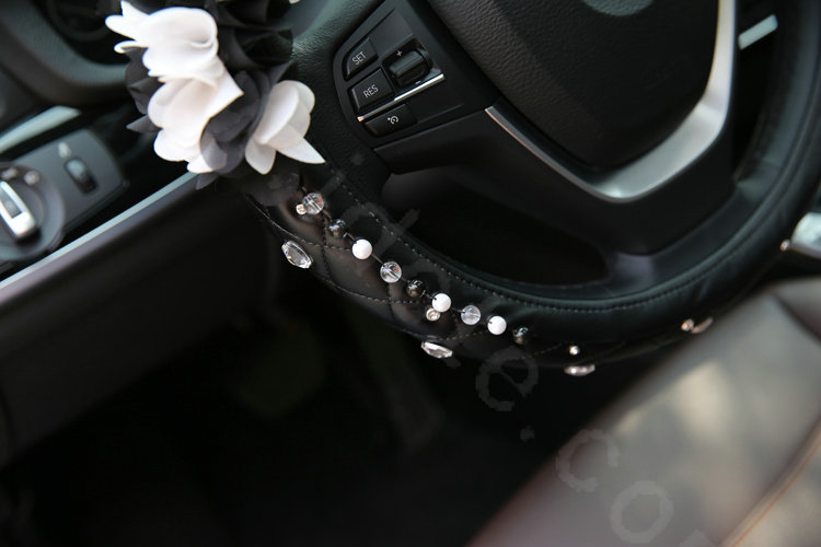Popular Lace Flower Crystal Car Steering Wheel Covers Genuine Sheepskin 15 inch 38CM - Black